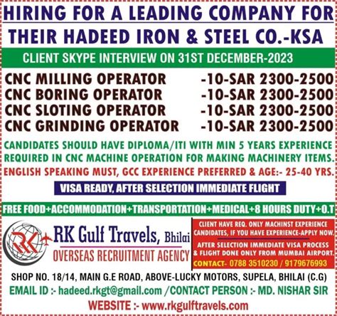 Urgent! Cnc operator jobs in Karachi 